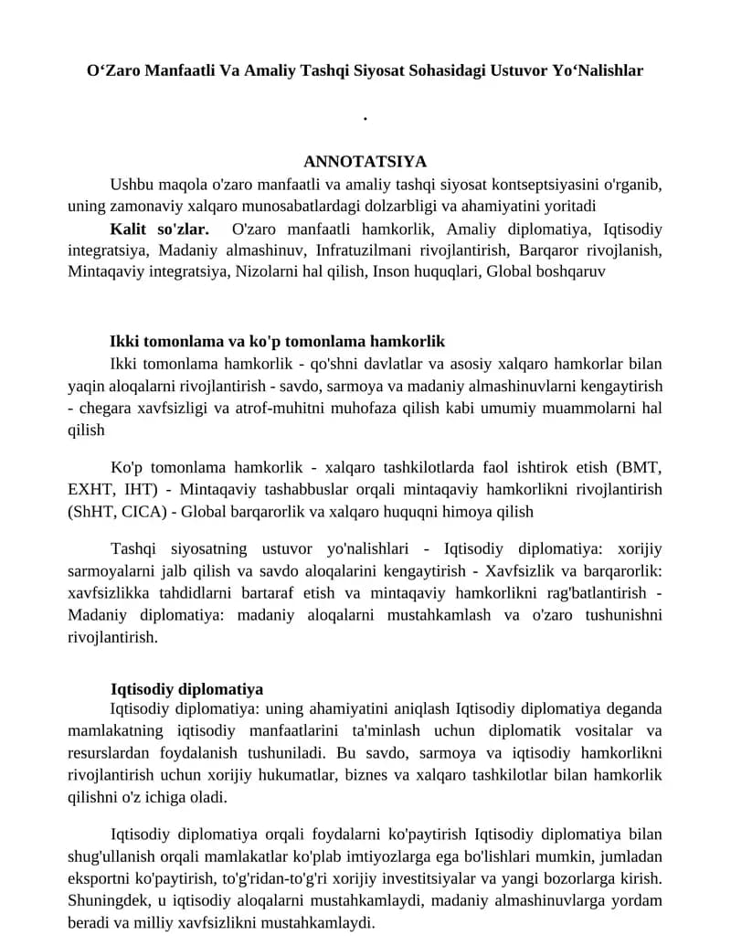 OʻZaro Manfaatli Va Amaliy Tashqi Siyosat Sohasidagi Ustuvor YoʻNalishlar