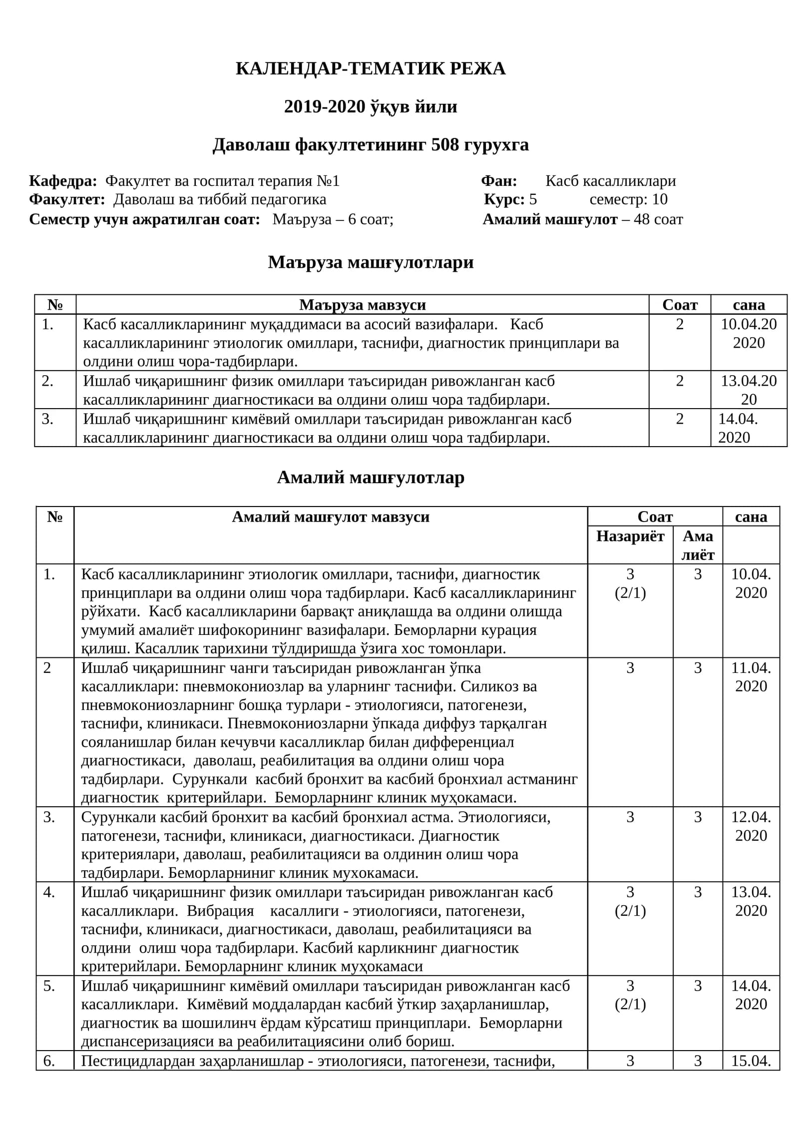 КАЛЕНДАР-ТЕМАТИК РЕЖА 2019-2020 ўқув йили