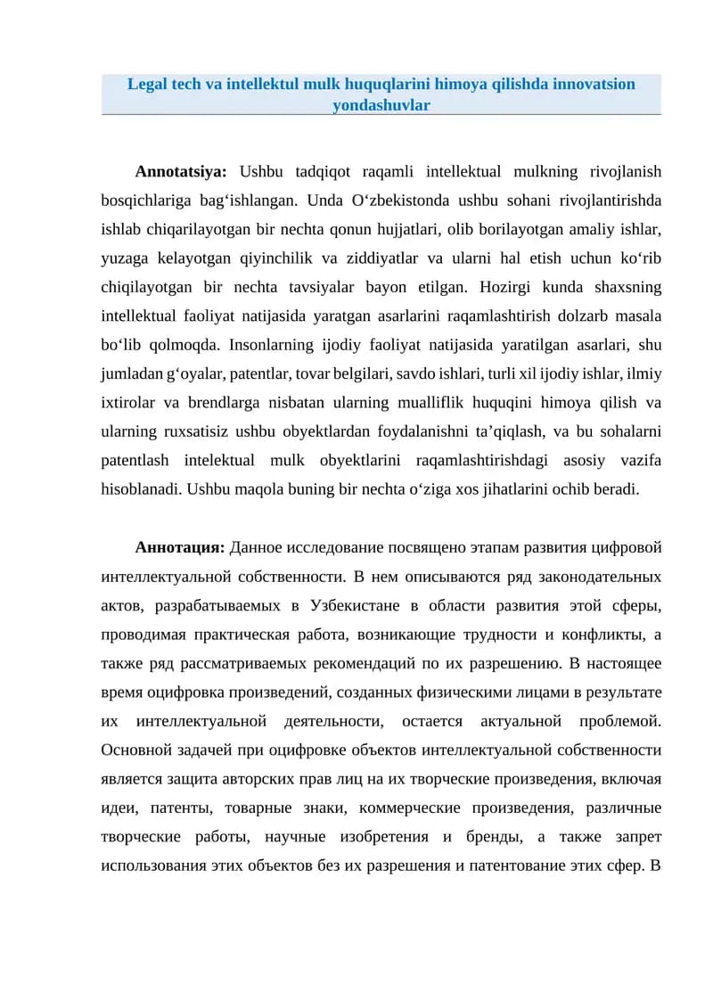 Legal tech va intellektul mulk huquqlarini himoya qilishda innovatsion yondashuvlar