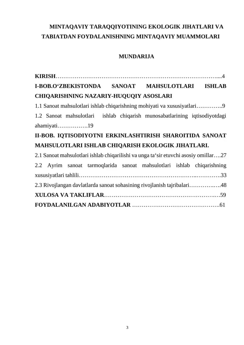 MINTAQAVIY TARAQQIYOTINING EKOLOGIK JIHATLARI VA TABIATDAN FOYDALANISHNING MINTAQAVIY MUAMMOLARI