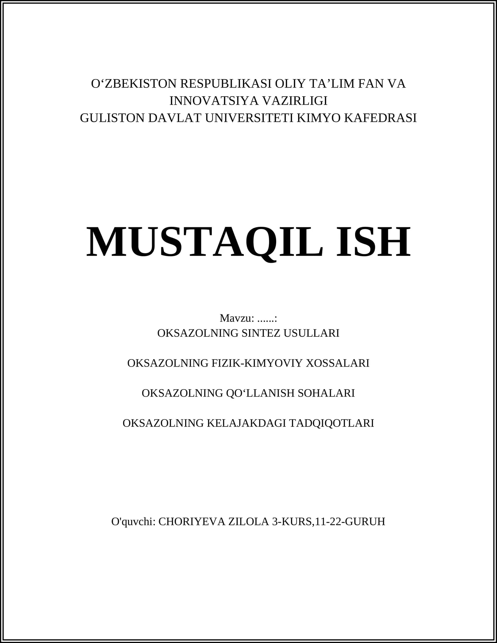 OKSAZOLNING SINTEZ USULLARI
