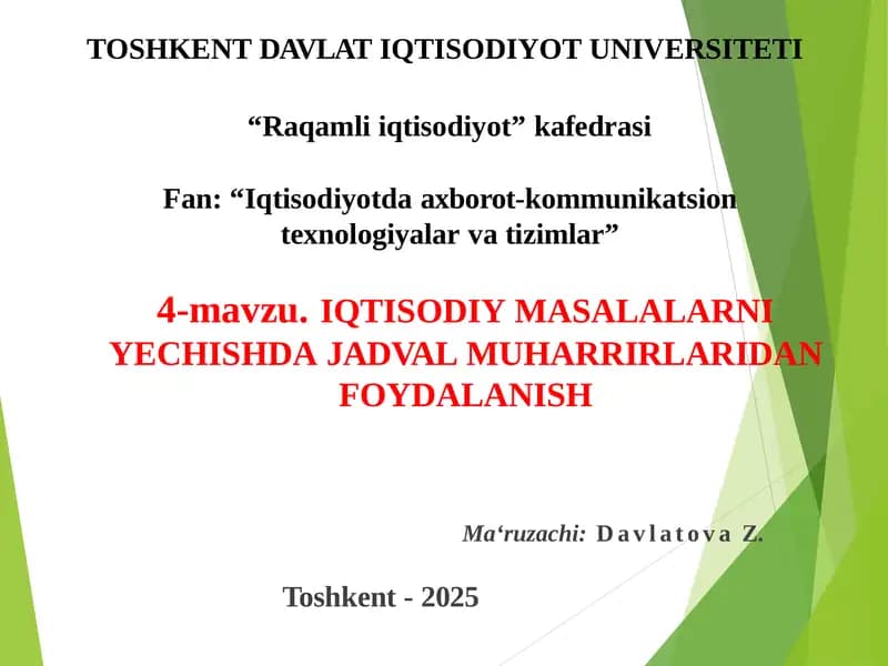 IQTISODIYMASALALARNIYECHISHDAJADVALMUHARRIRLARIDAN FOYDALANISH