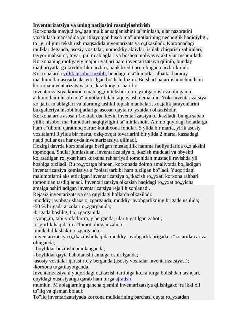 Inventarizatsiya va uni natijasi