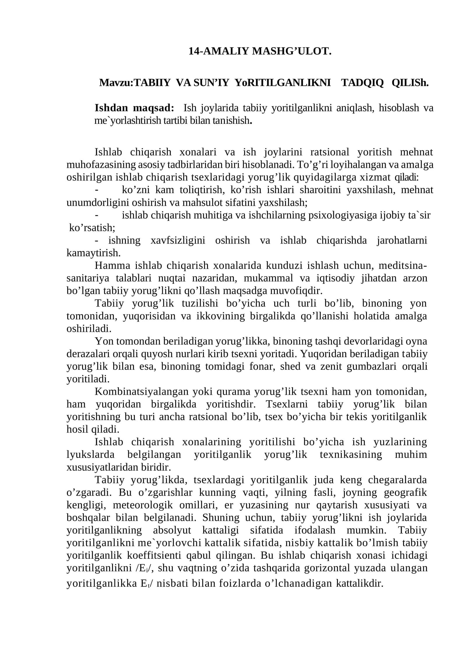 TАBIIY  VA SUN’IY  YoRITILGАNLIKNI    TАDQIQ   QILISh.