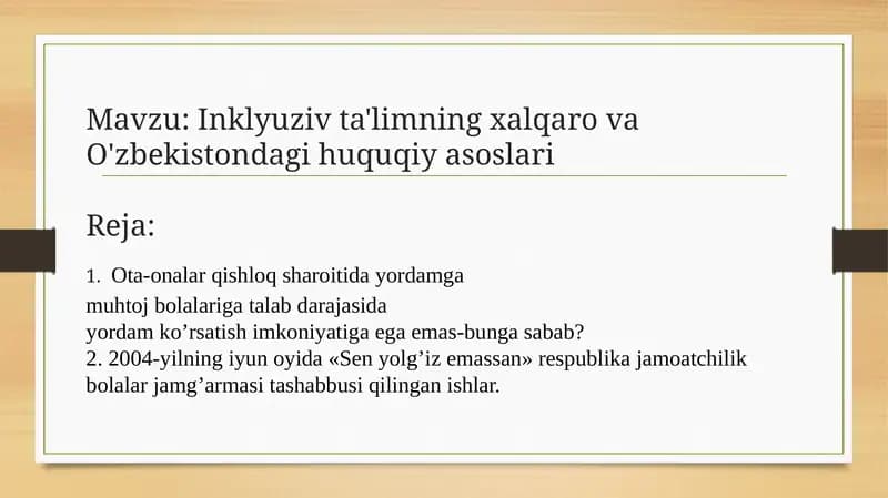 Inklyuziv ta'limning xalqaro va O'zbekistondagi huquqiy asoslari