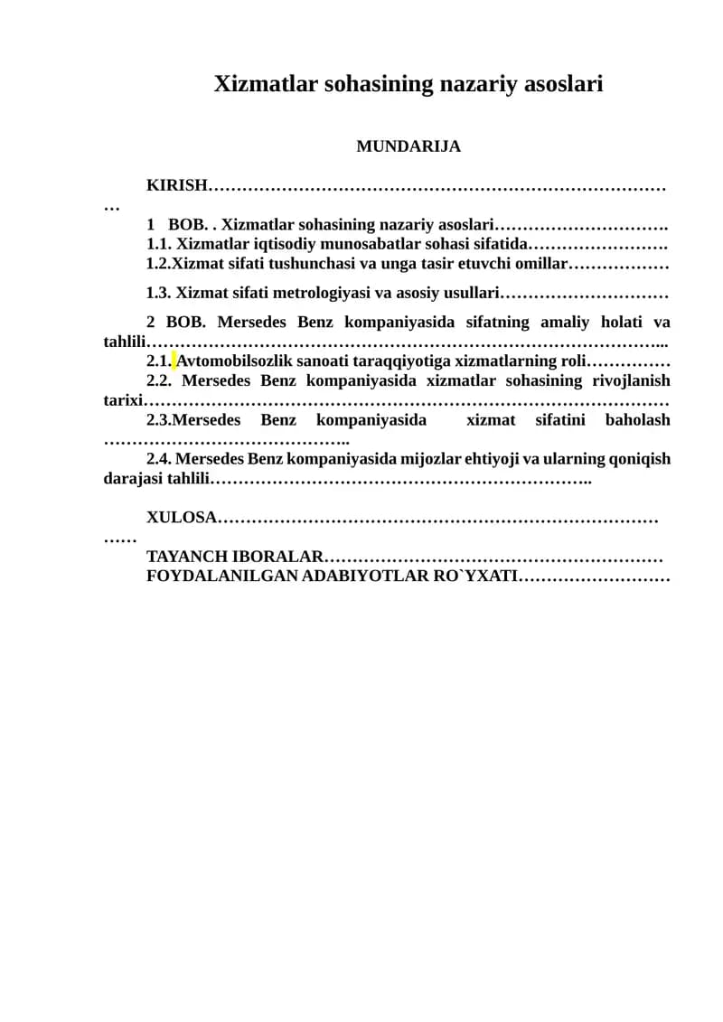 Xizmatlar sohasining nazariy asoslari