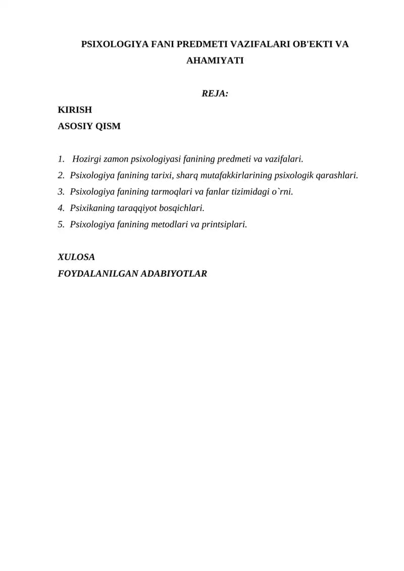 PSIXOLOGIYA FANI PREDMETI VAZIFALARI OB'EKTI VA AHAMIYATI