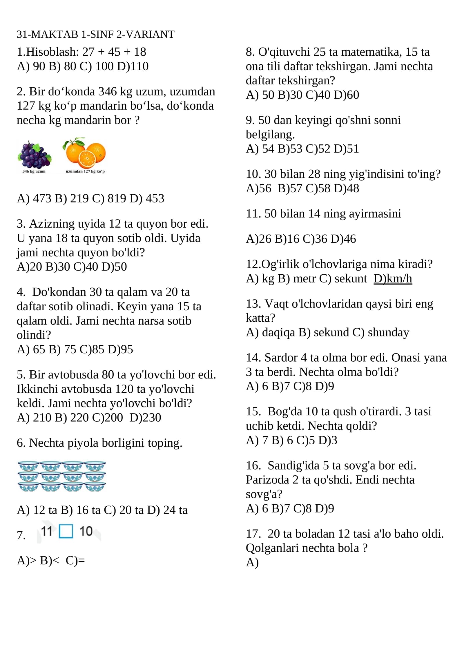 matematika 2-sinf testi