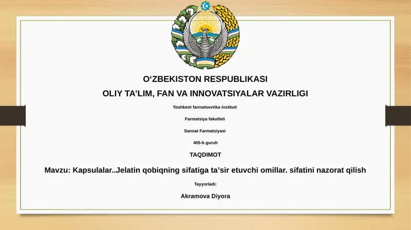 Kapsulalar..Jelatin qobiqning sifatiga taʼsir etuvchi omillar. sifatini nazorat qilish