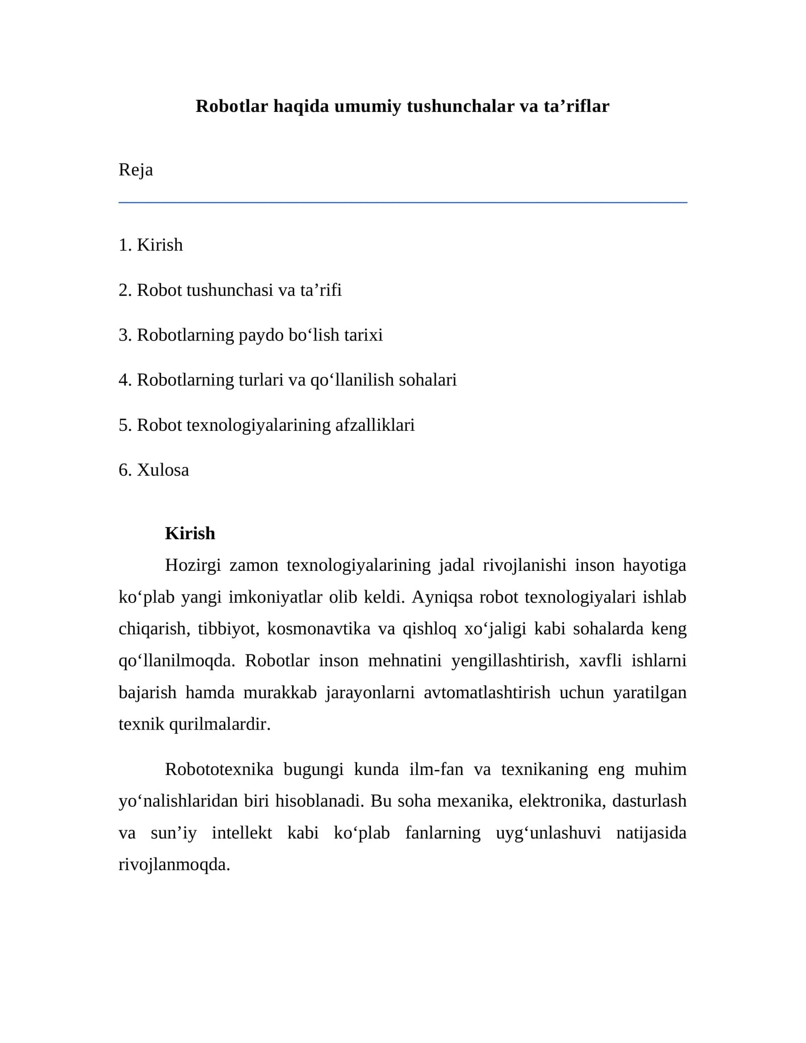 Robotlar haqida umumiy tushunchalar va ta’riflar