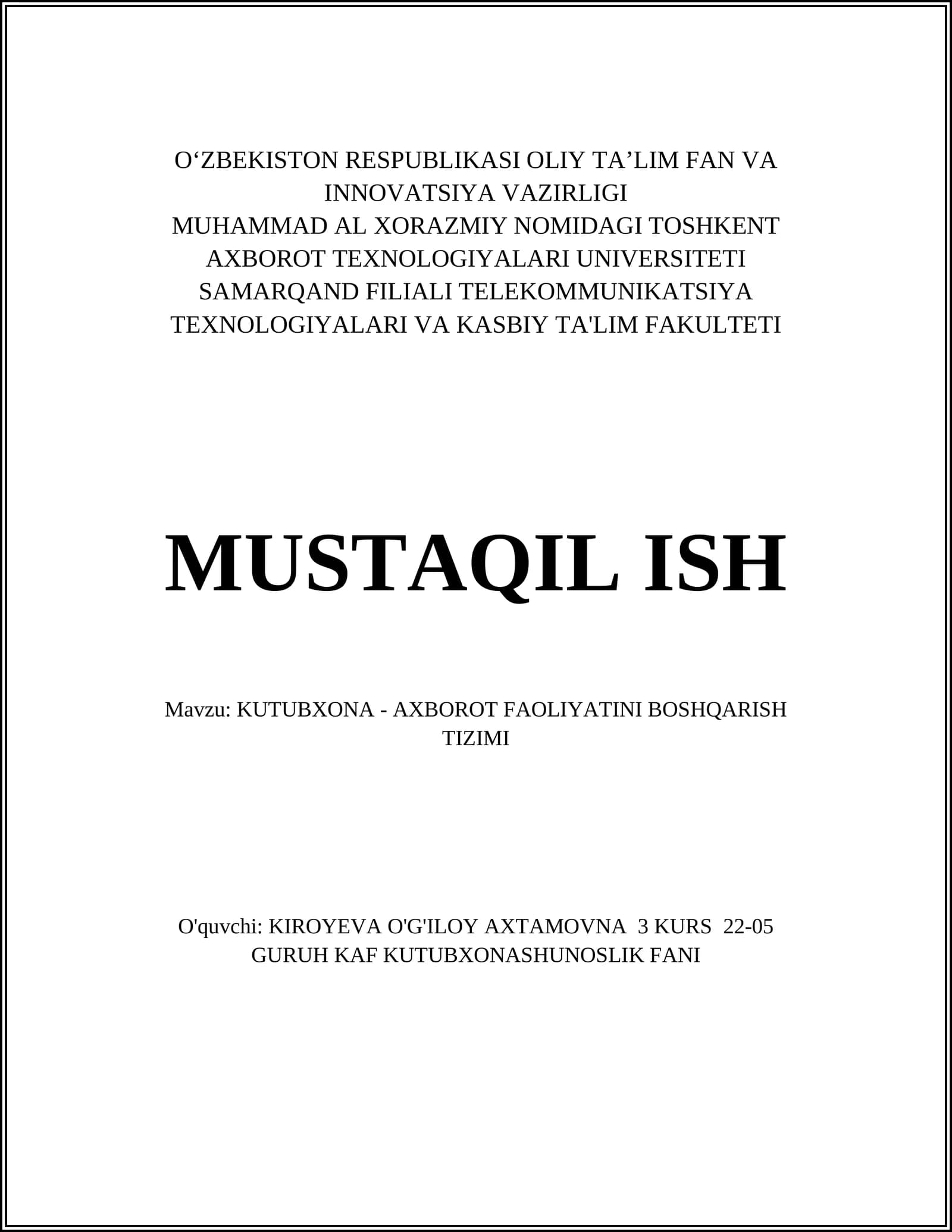 KUTUBXONA - AXBOROT FAOLIYATINI BOSHQARISH TIZIMI