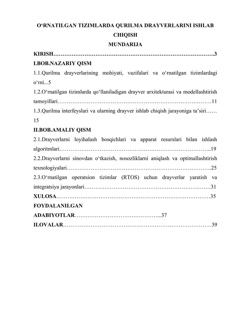 O‘RNATILGAN TIZIMLARDA QURILMA DRAYVERLARINI ISHLAB CHIQISH