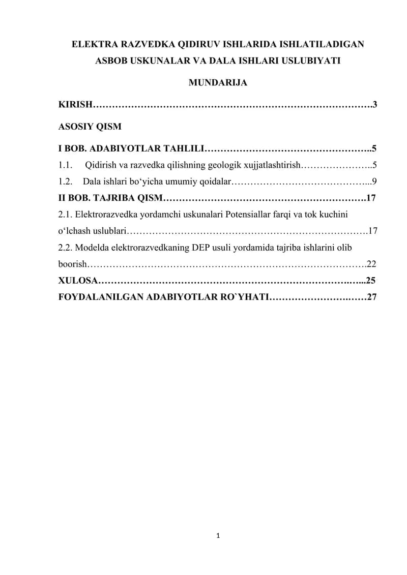 ELEKTRA RAZVEDKA QIDIRUV ISHLARIDA ISHLATILADIGAN ASBOB USKUNALAR VA DALA ISHLARI USLUBIYATI