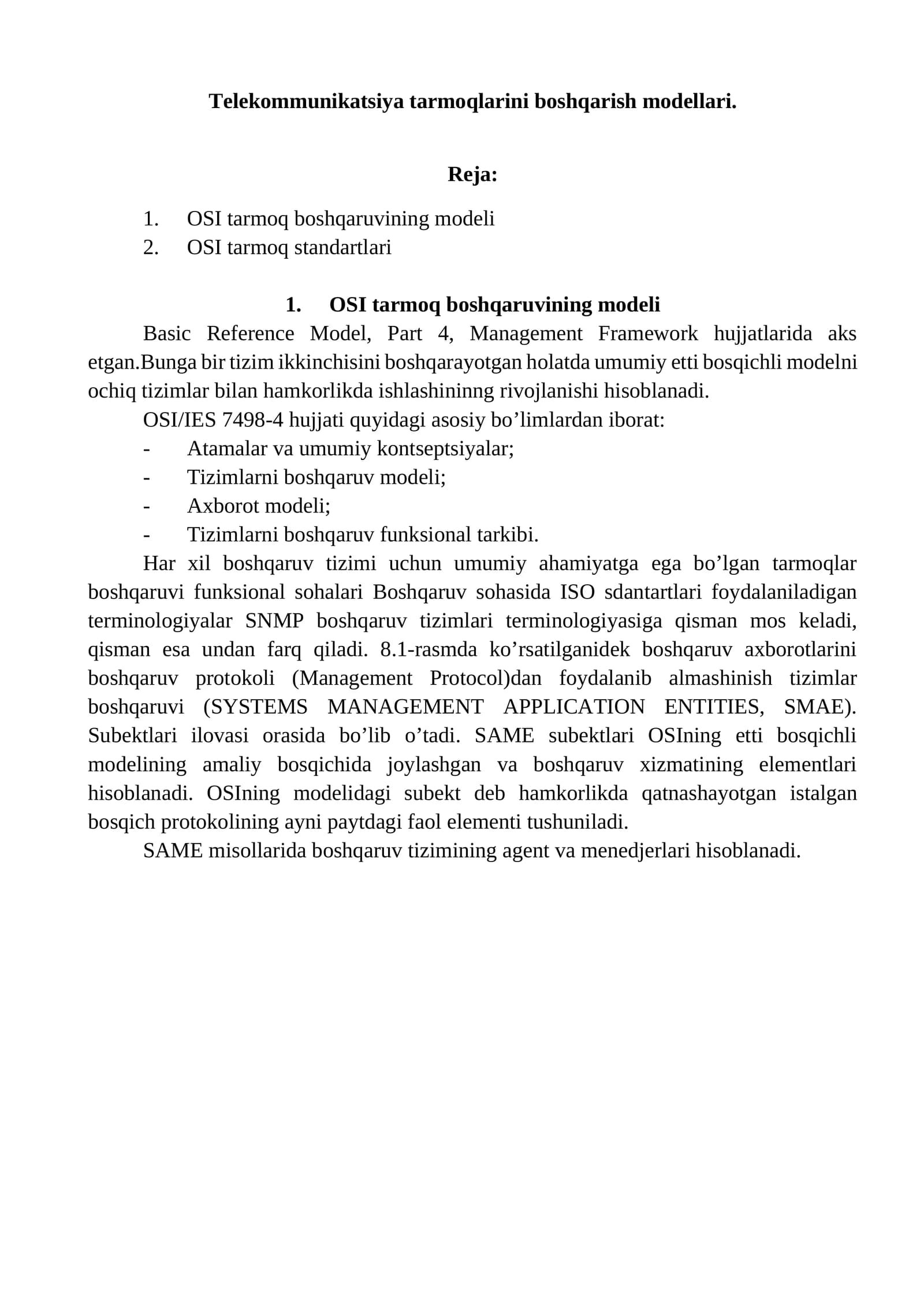 Telekommunikatsiya tarmoqlarini boshqarish modellari