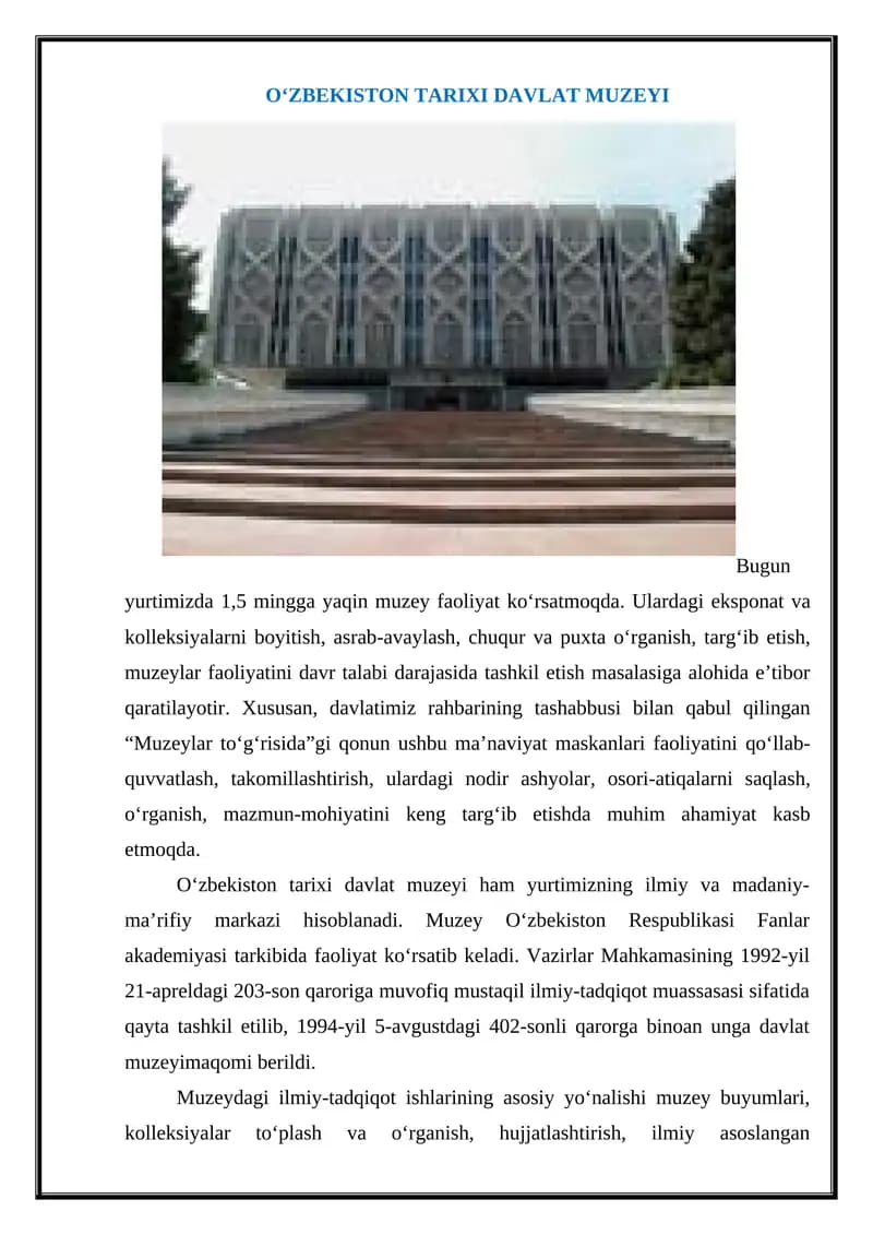 O‘ZBEKISTON TARIXI DAVLAT MUZEYI