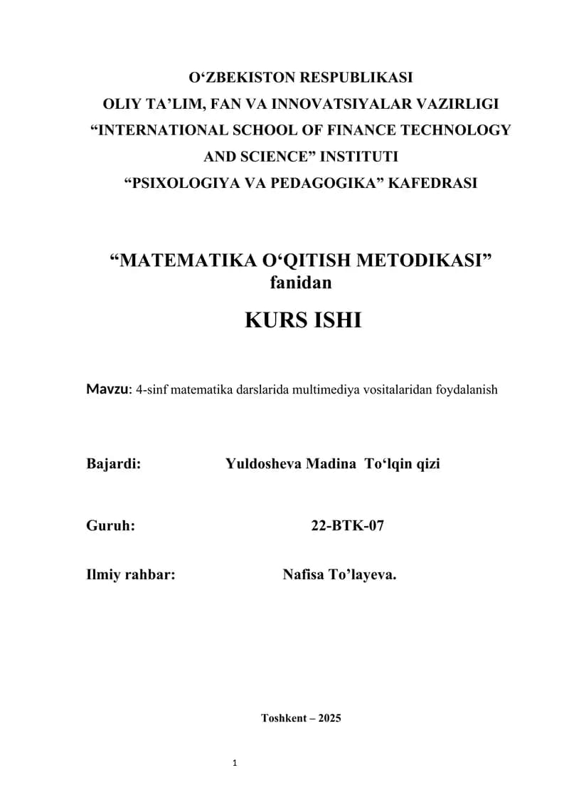4-sinf matematika darslarida multimediya vositalaridan foydalanish  kurs ishi