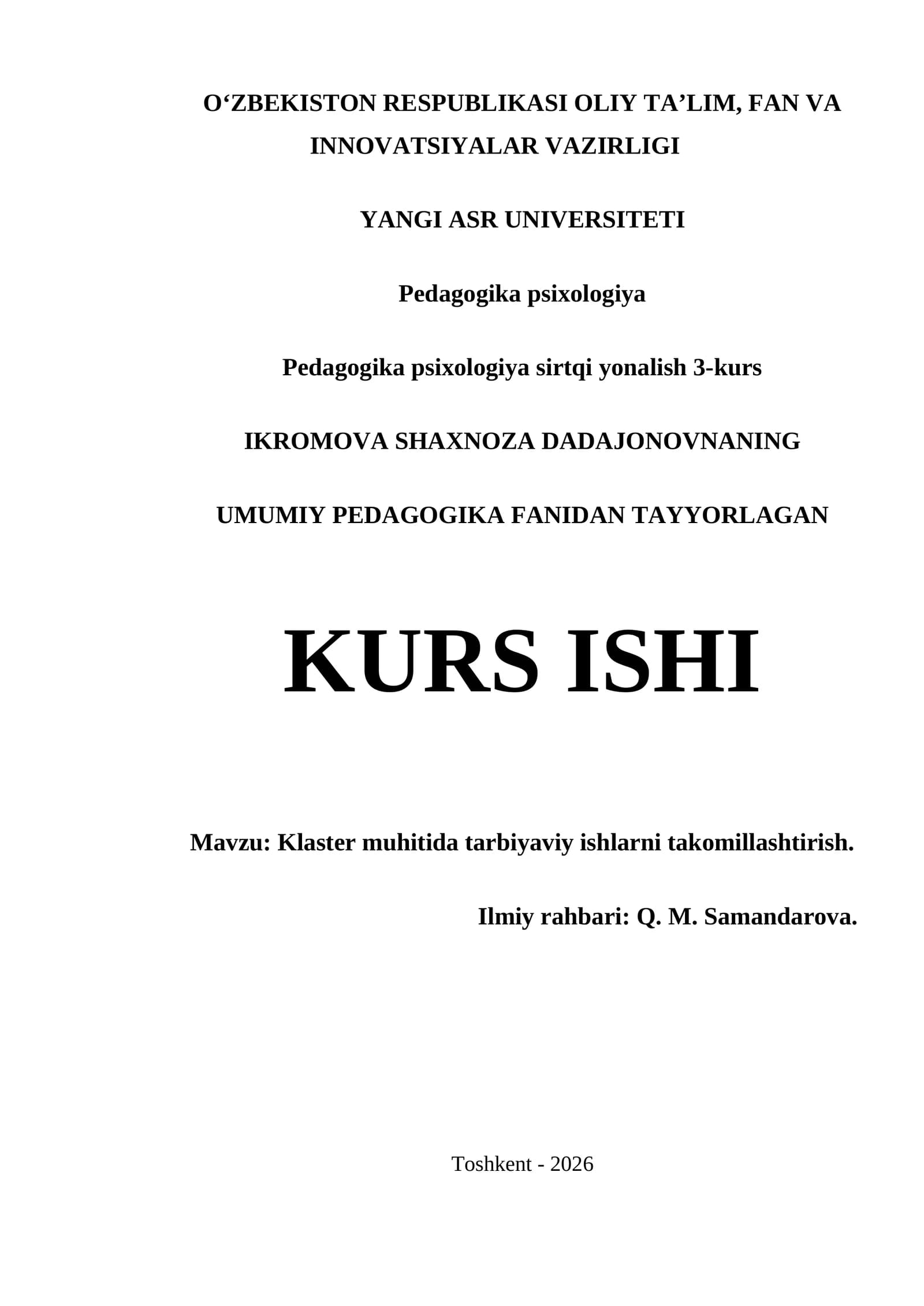 Klaster muhitida tarbiyaviy ishlarni takomillashtirish