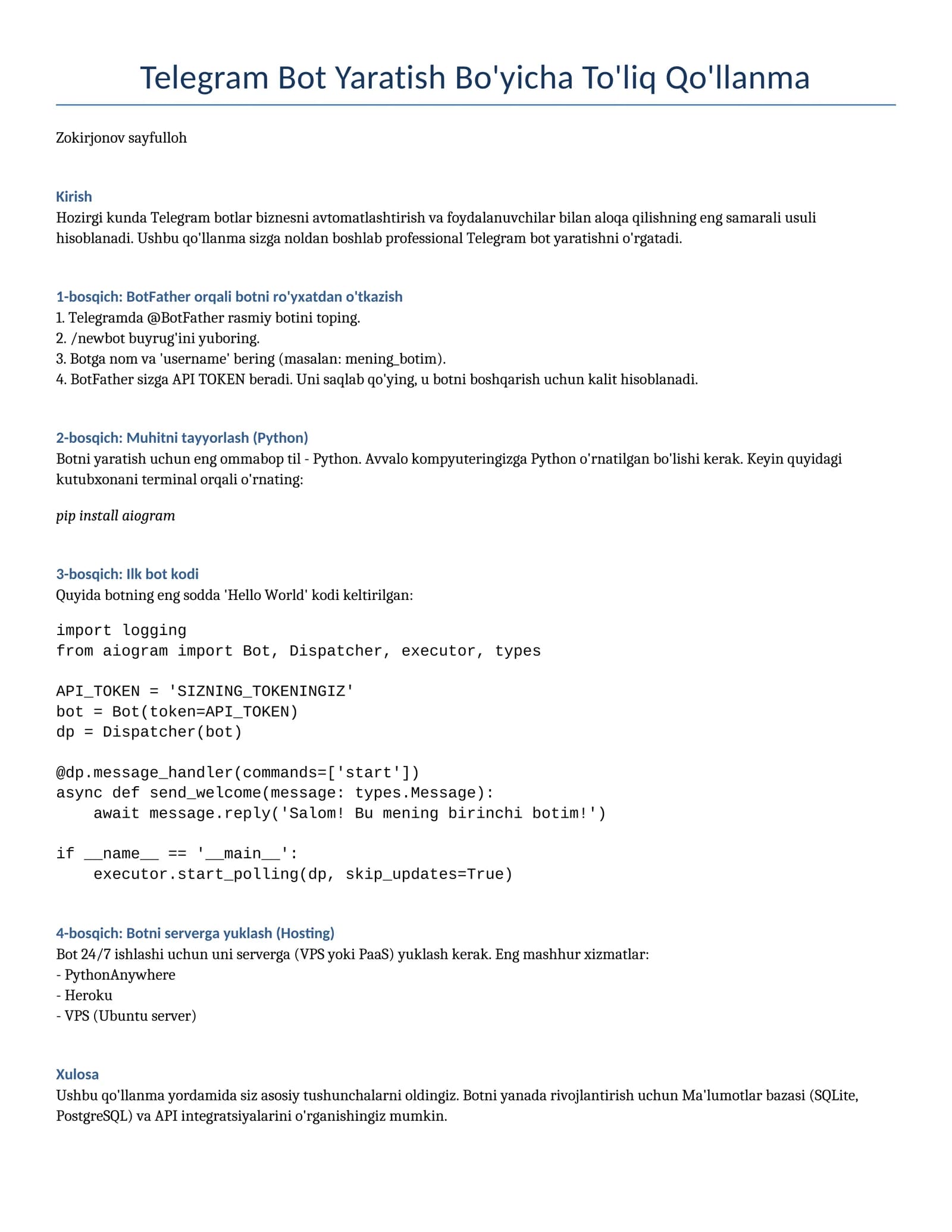 Telegram Bot yaratish: Noldan professional darajagacha (To'liq qo'llanma)