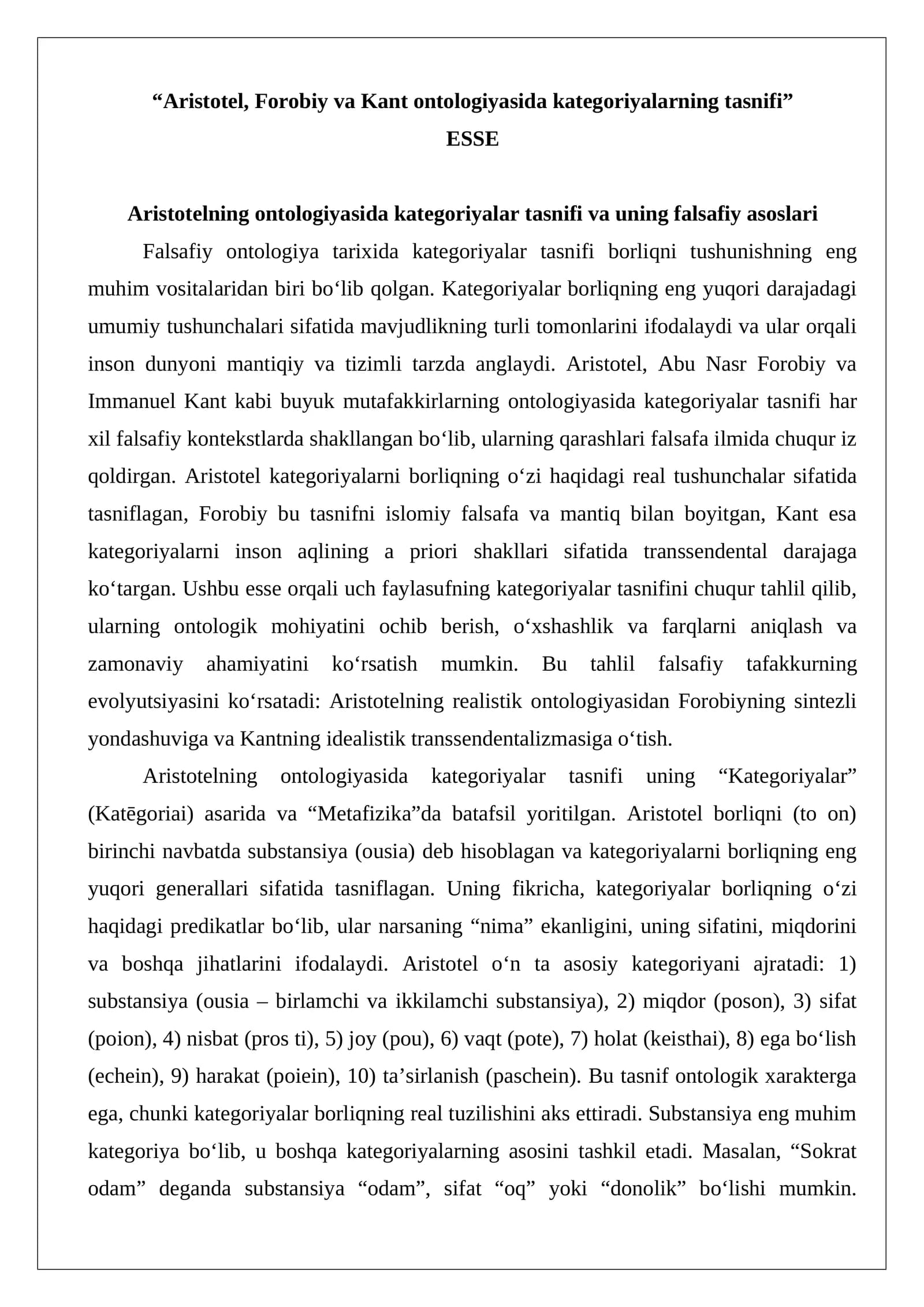 Aristotel, Forobiy va Kant ontologiyasida kategoriyalarning tasnifi