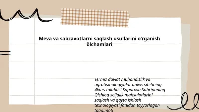 Meva va sabzavotlarni saqlash usullarini oʻrganish õlchamlari