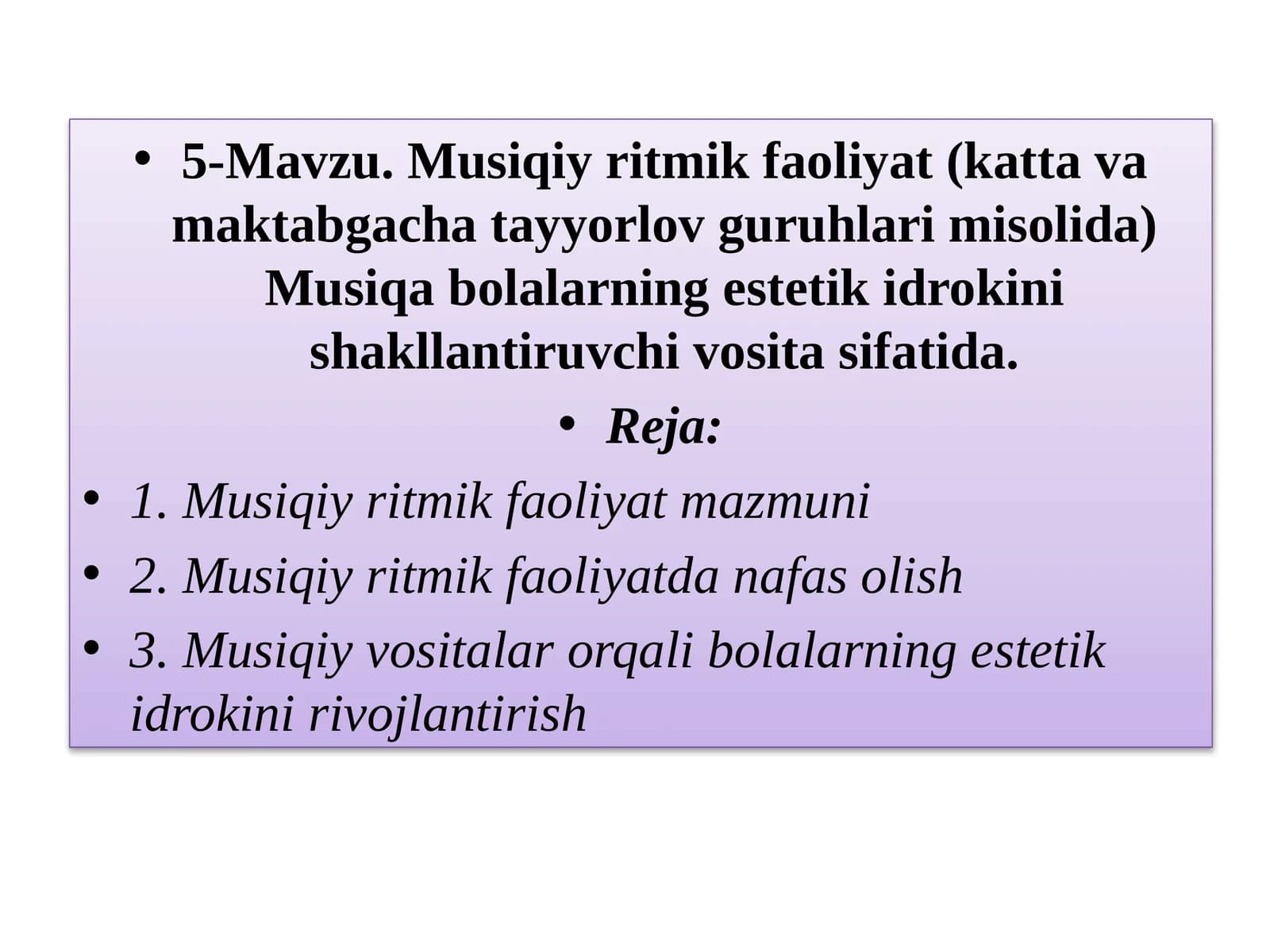 5-Mavzu. Musiqiy ritmik faoliyat (katta va maktabgacha tayyorlov guruhlari misolida)