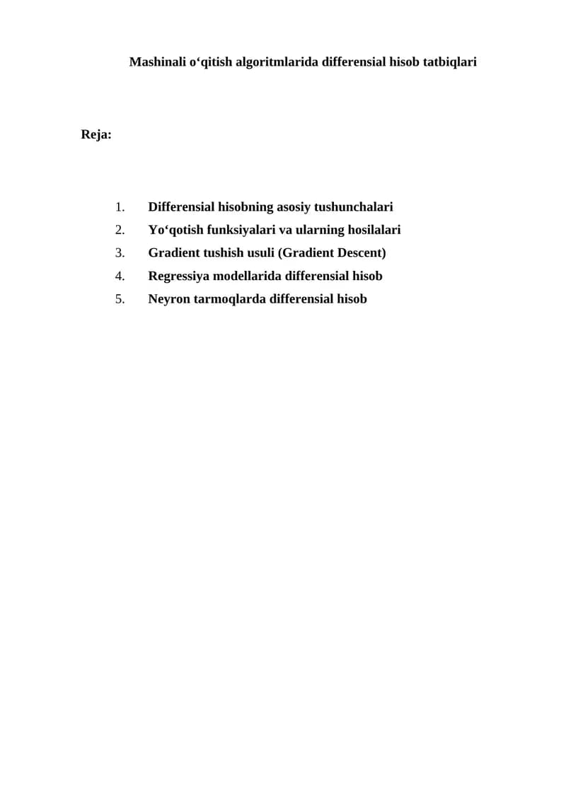 Mashinali o‘qitish algoritmlarida differensial hisob tatbiqlari