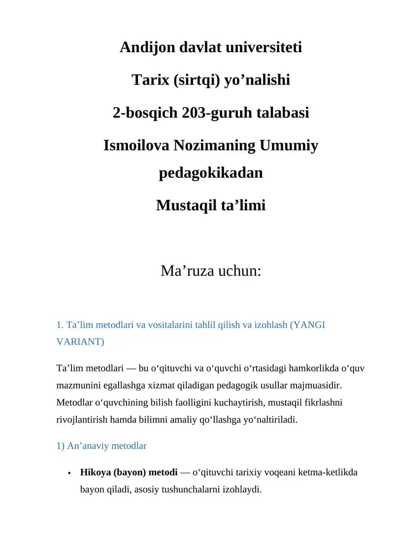 Ta'lim metodlari va vositalarini tahlil qilish va izohlash (YANGI VARIANT)