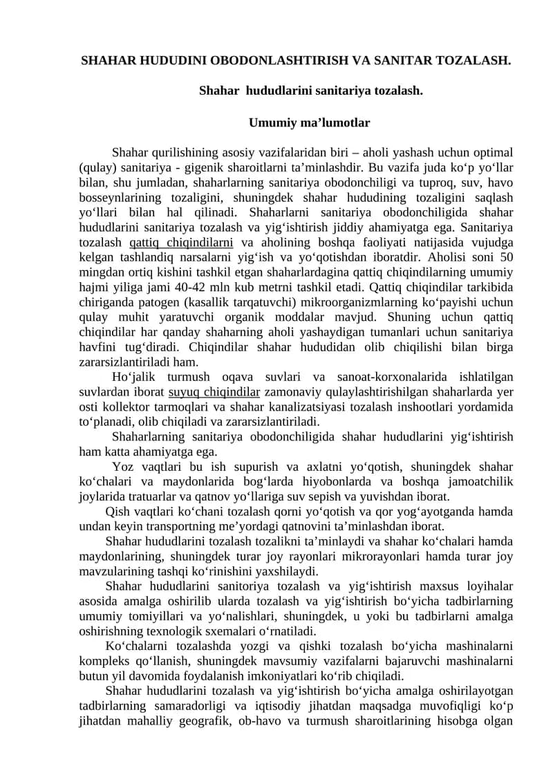 Shahar hududini obodlashtirish va sanitariya tozalash