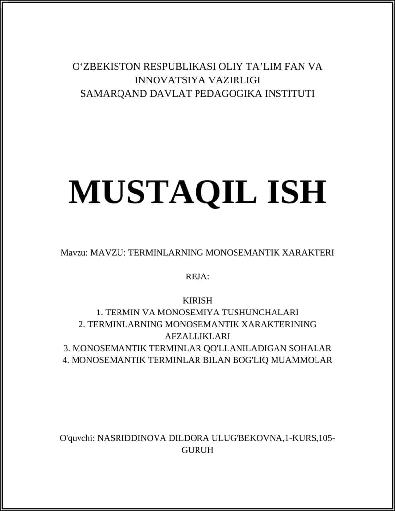 TERMINLARNING MONOSEMANTIK XARAKTERI