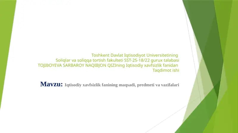 Iqtisodiy xavfsizlik fanidan Taqdimot