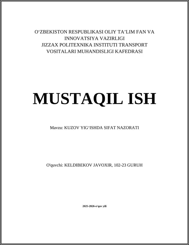 KUZOV YIG‘ISHDA SIFAT NAZORATI