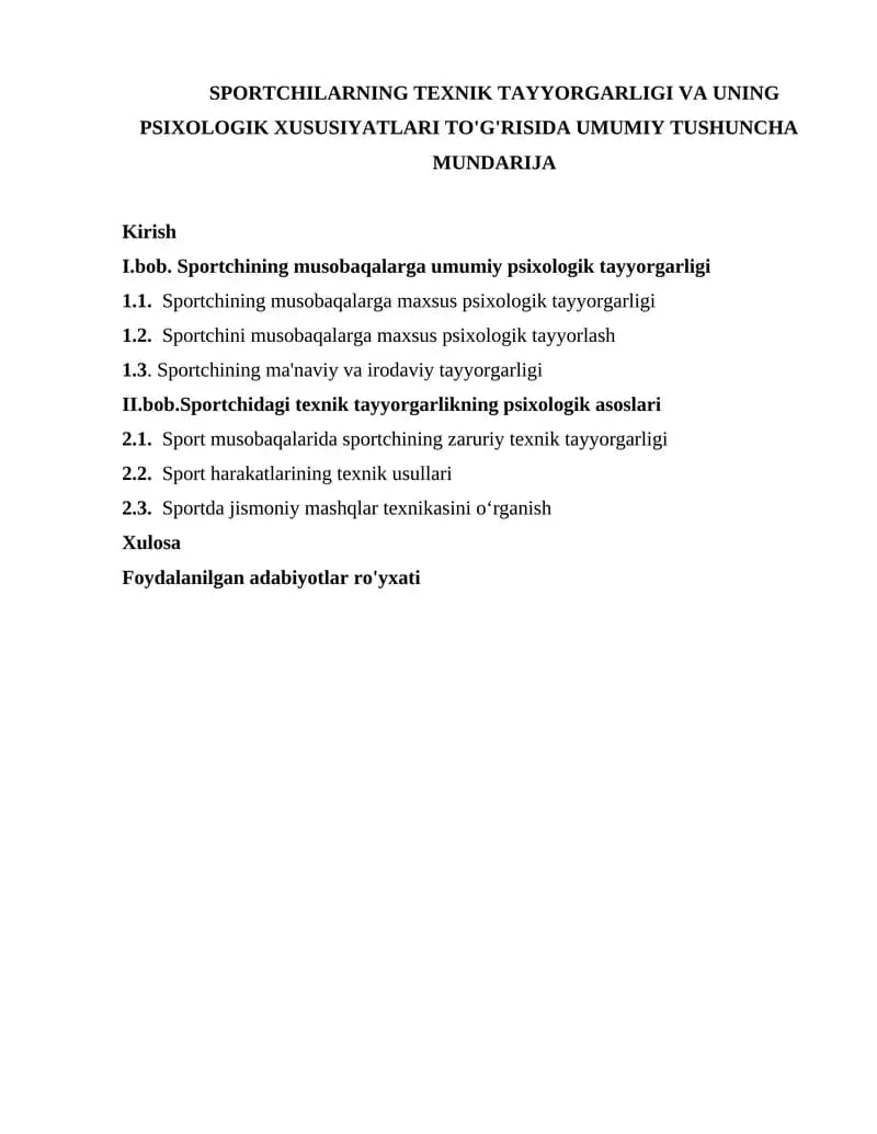 SPORTCHILARNING TEXNIK TAYYORGARLIGI VA UNING PSIXOLOGIK XUSUSIYATLARI TO'G'RISIDA UMUMIY TUSHUNCHA