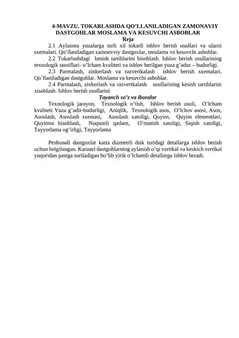 TOKARLASHDA QO’LLANILADIGAN ZAMONAVIY DASTGOHLAR MOSLAMA VA KESUVCHI ASBOBLAR