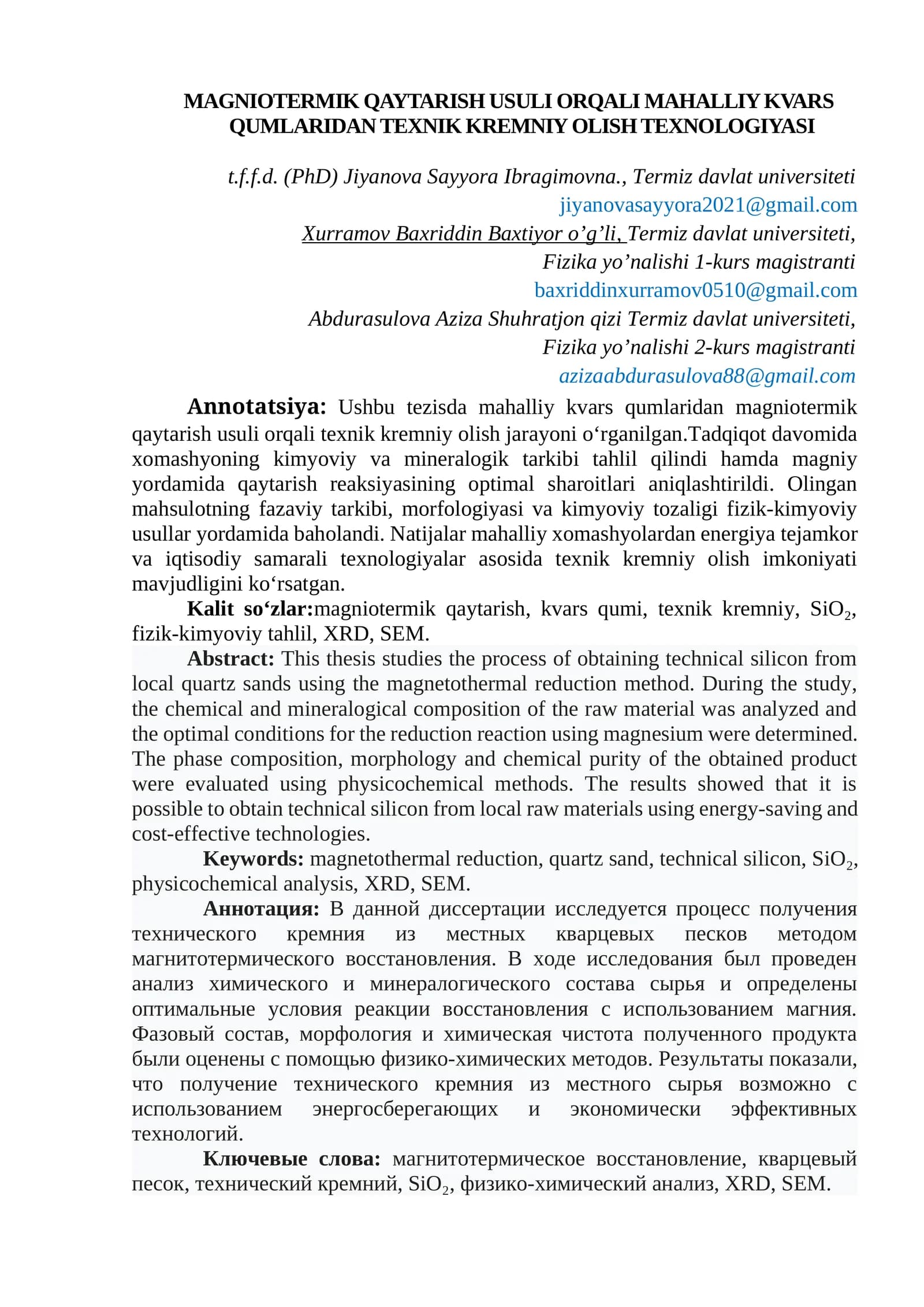 MAGNIOTERMIK QAYTARISH USULI ORQALI MAHALLIY KVARS QUMLARIDAN TEXNIK KREMNIY OLISH TEXNOLOGIYASI