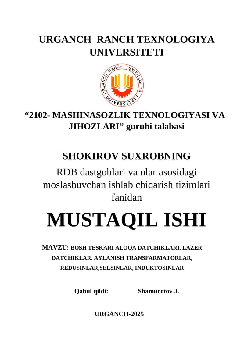 Bosh teskari aloqa datchiklari, lazer datchiklar, aylanish transfarmatorlar, redusinlar, selsinlar, induktosinlar