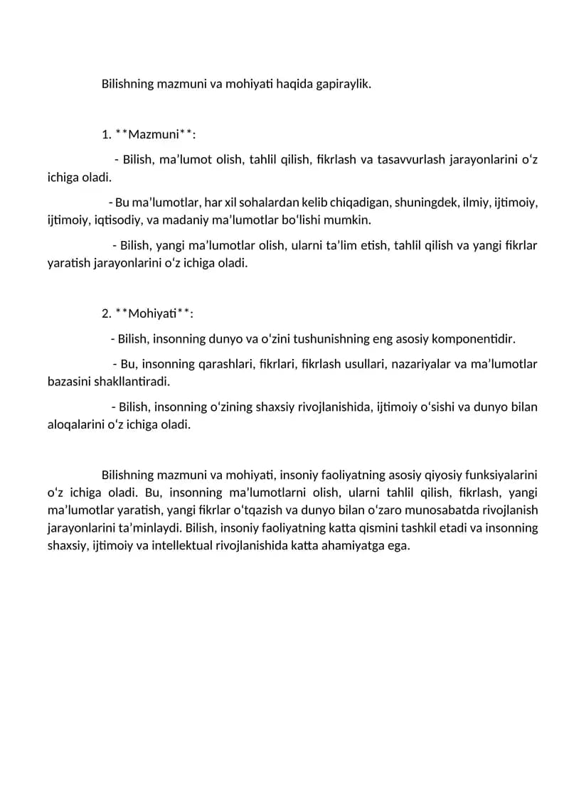 Bilishning mazmuni va mohiyati