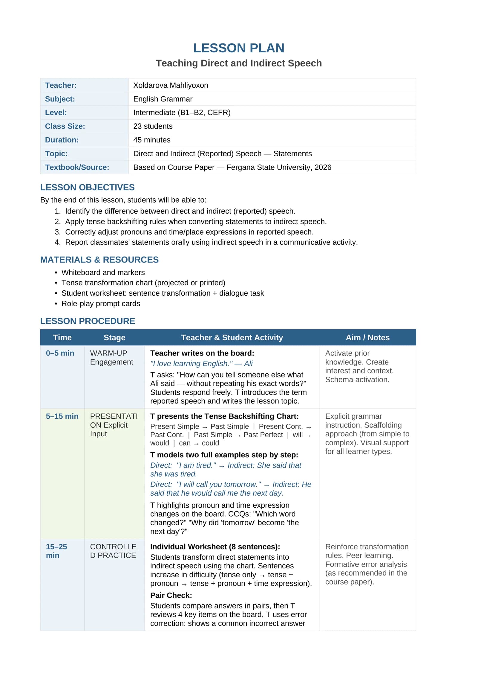 LESSON PLAN Teaching Direct and Indirect Speech