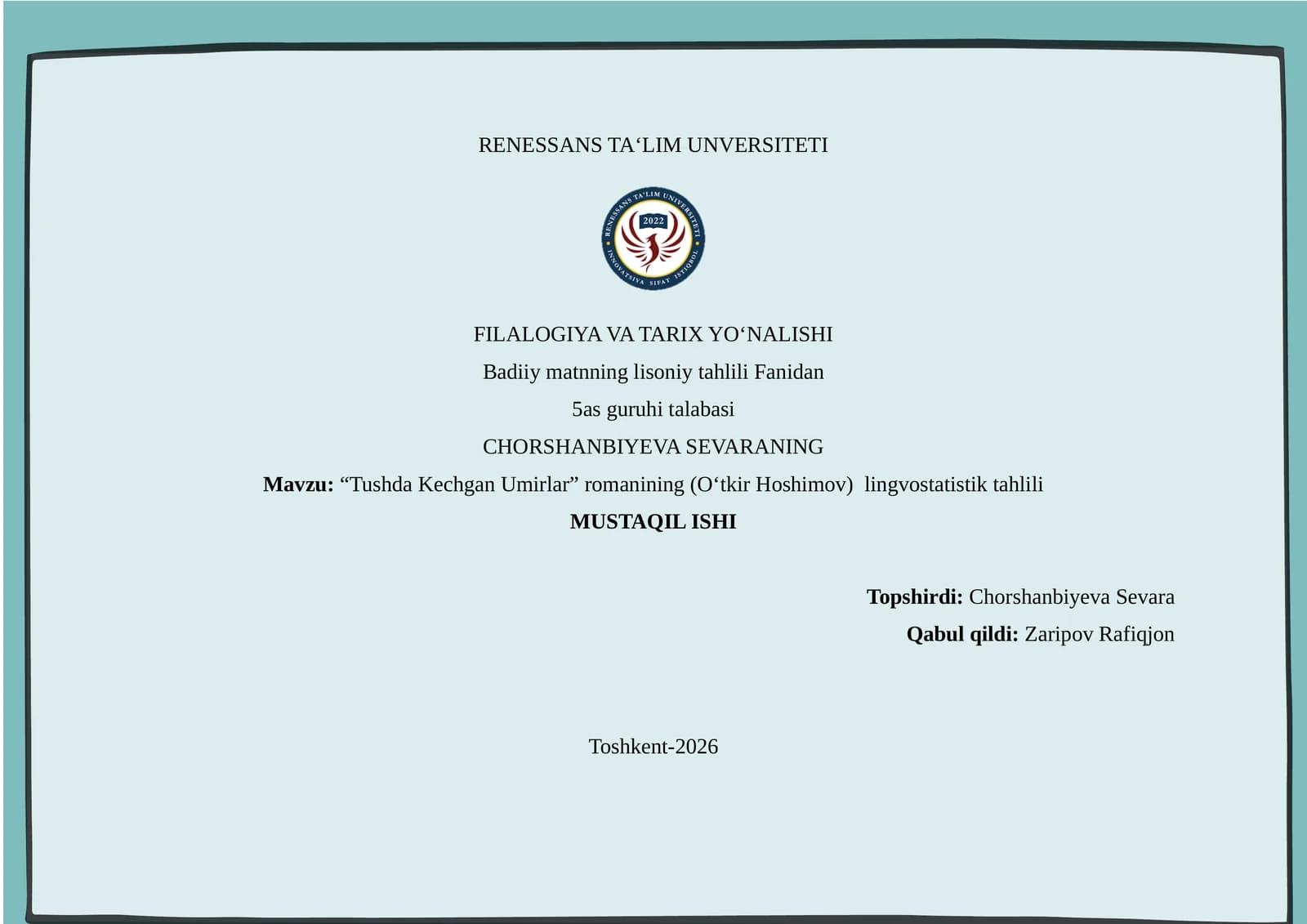 “Tushda Kechgan Umirlar” romanining (O‘tkir Hoshimov)  lingvostatistik tahlili