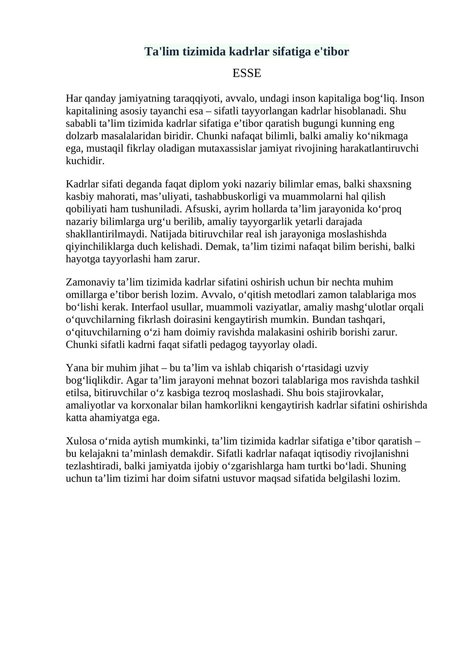 Ta'lim tizimida kadrlar sifatiga e'tibor