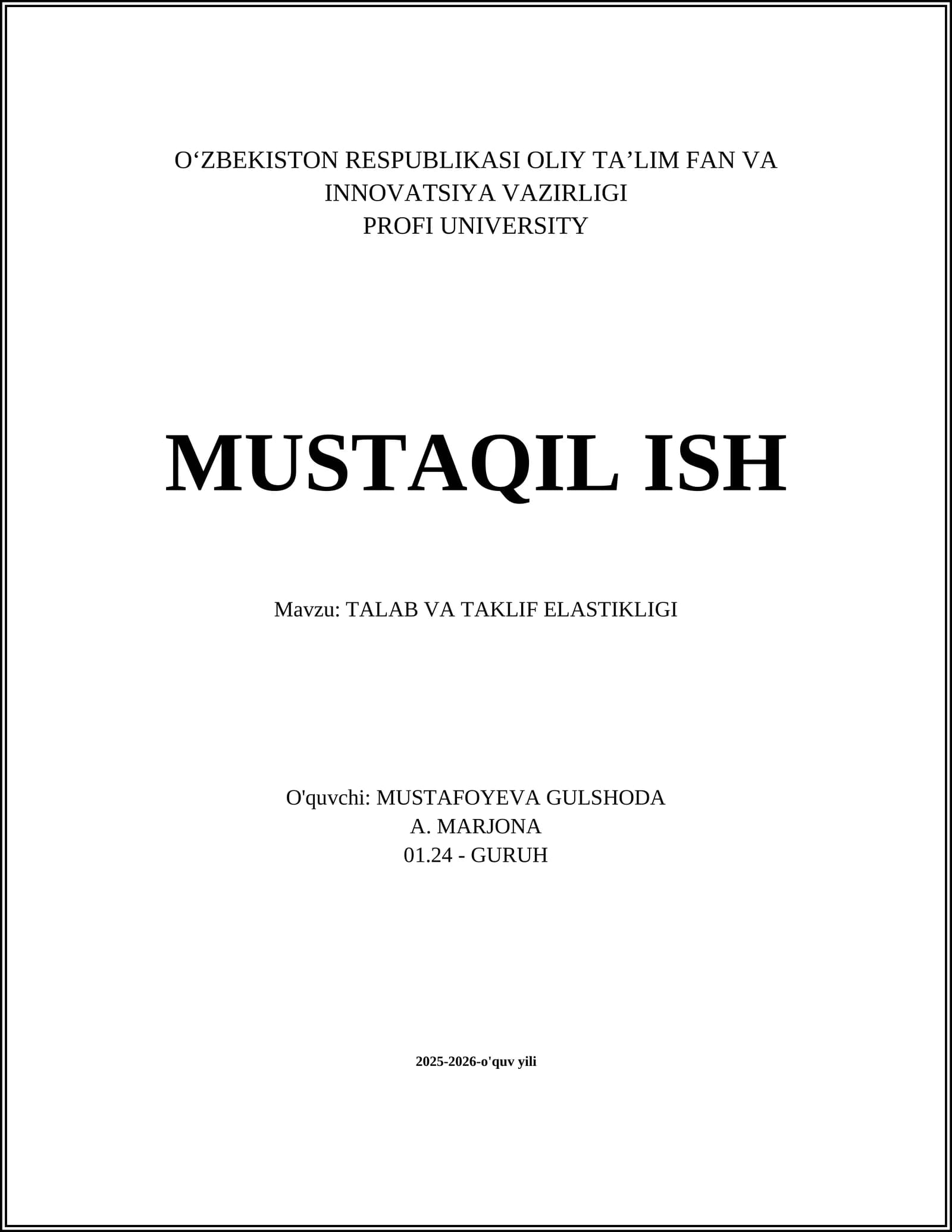 TALAB VA TAKLIF ELASTIKLIGI