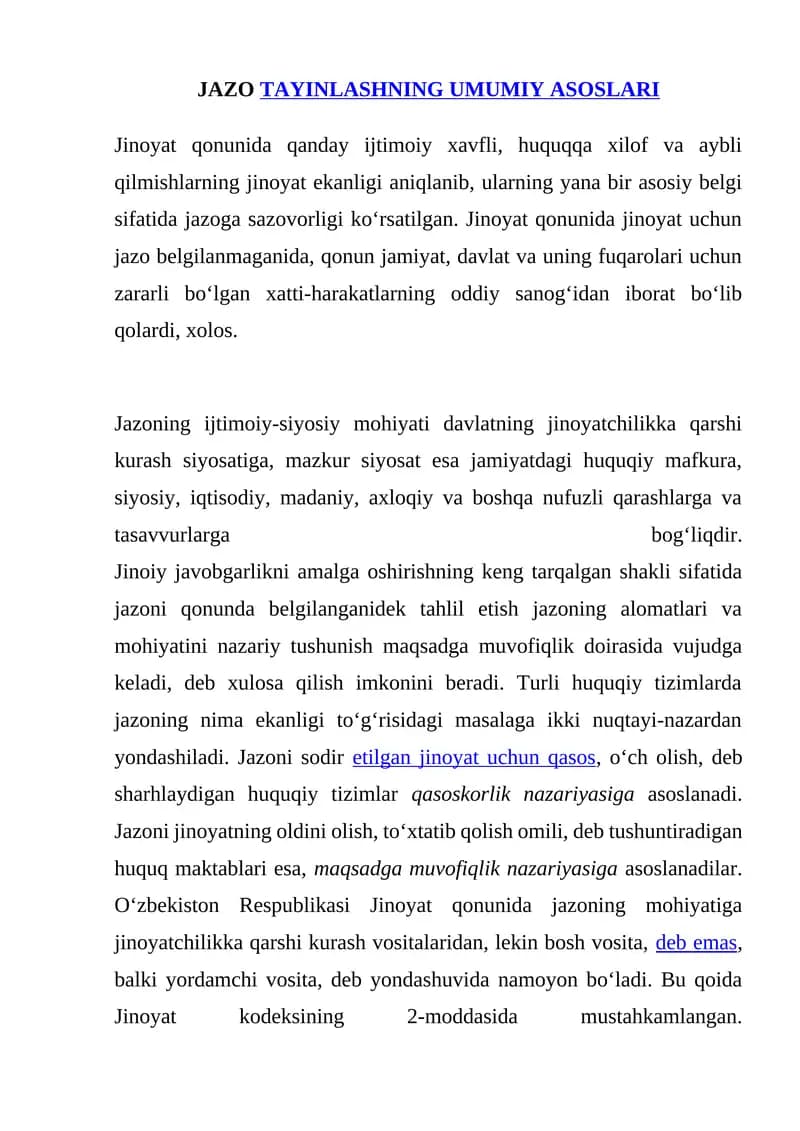 JAZO TAYINLASHNING UMUMIY ASOSLARI