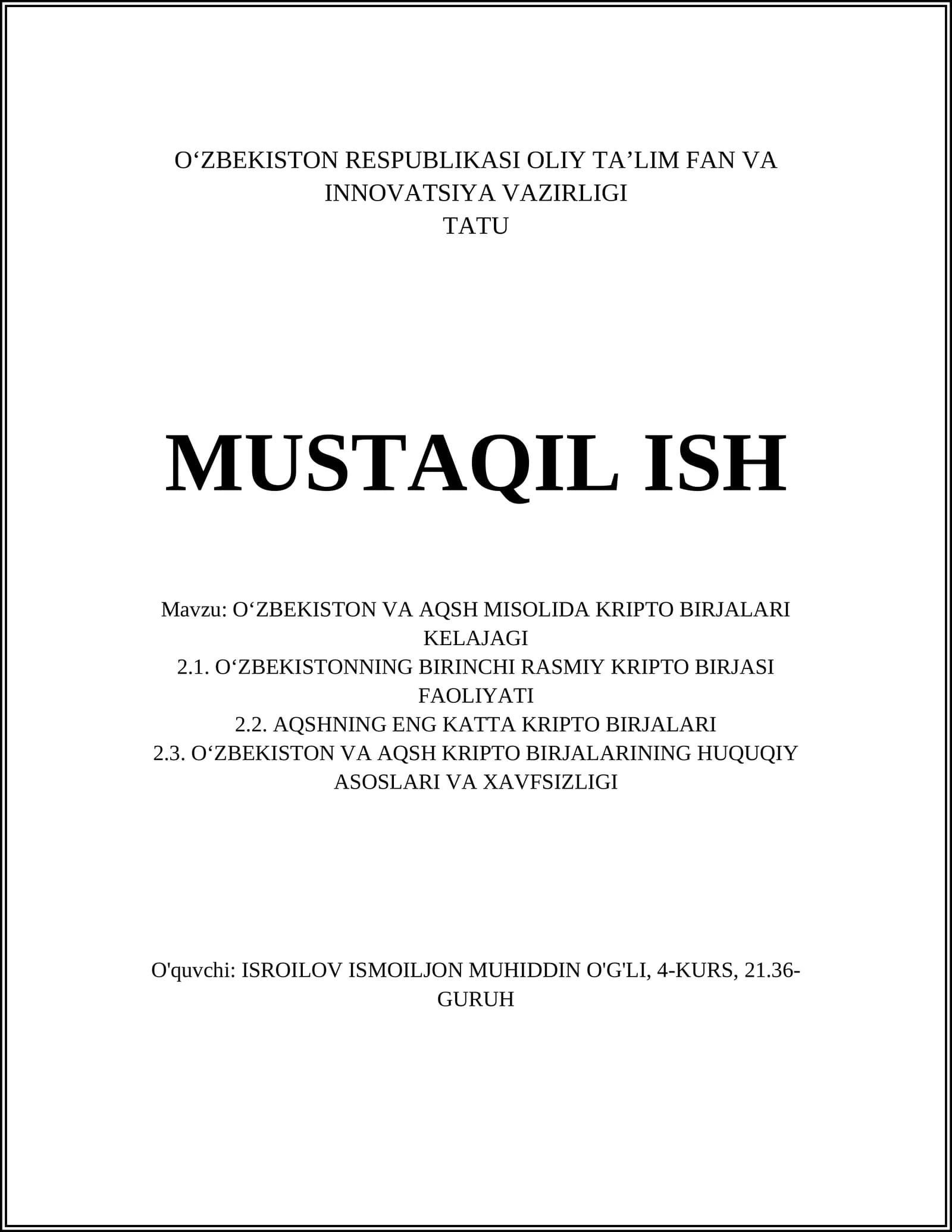 O‘ZBEKISTON VA AQSH MISOLIDA KRIPTO BIRJALARI KELAJAGI