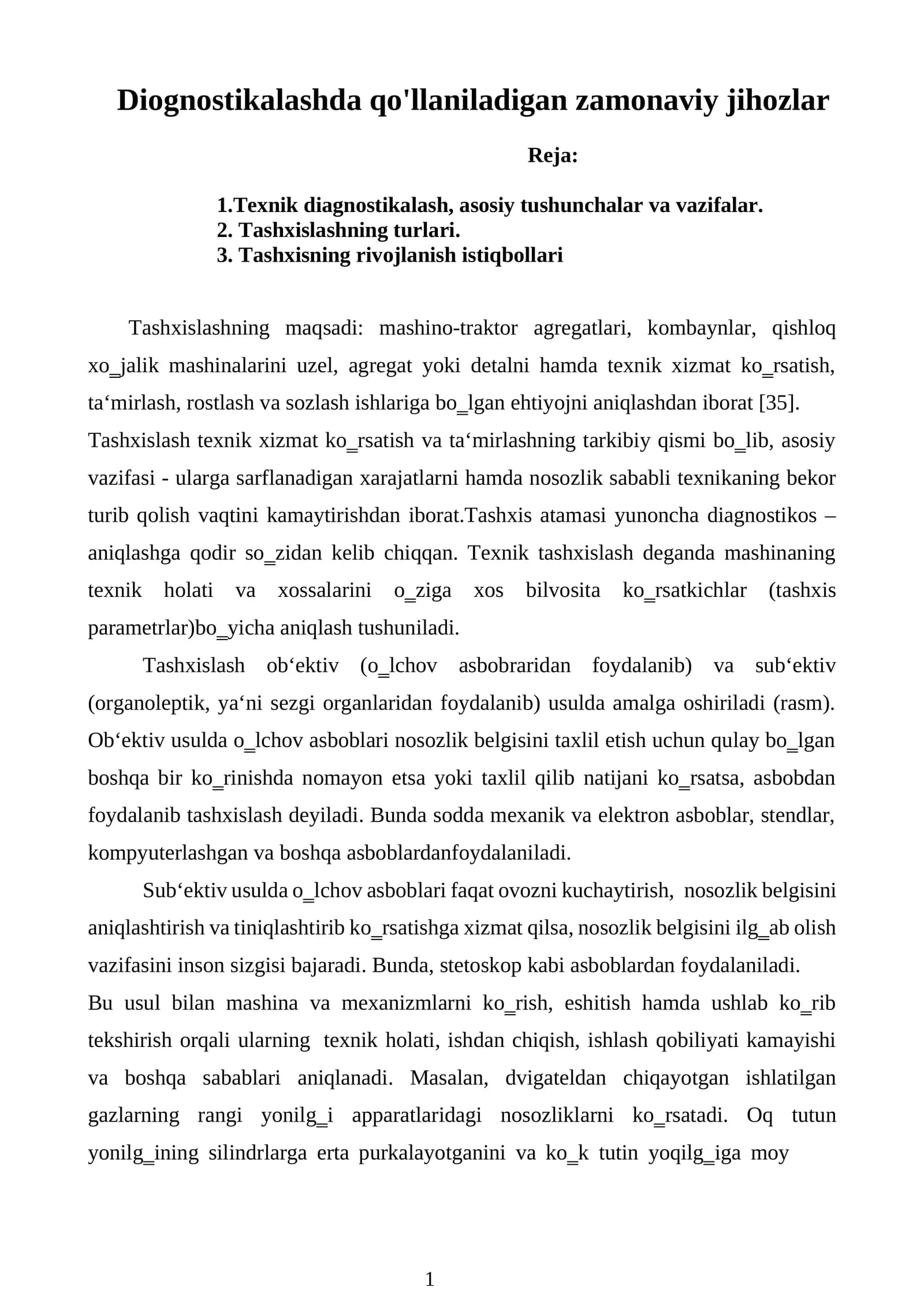 Zamonaviy jihozlar diognostikalash