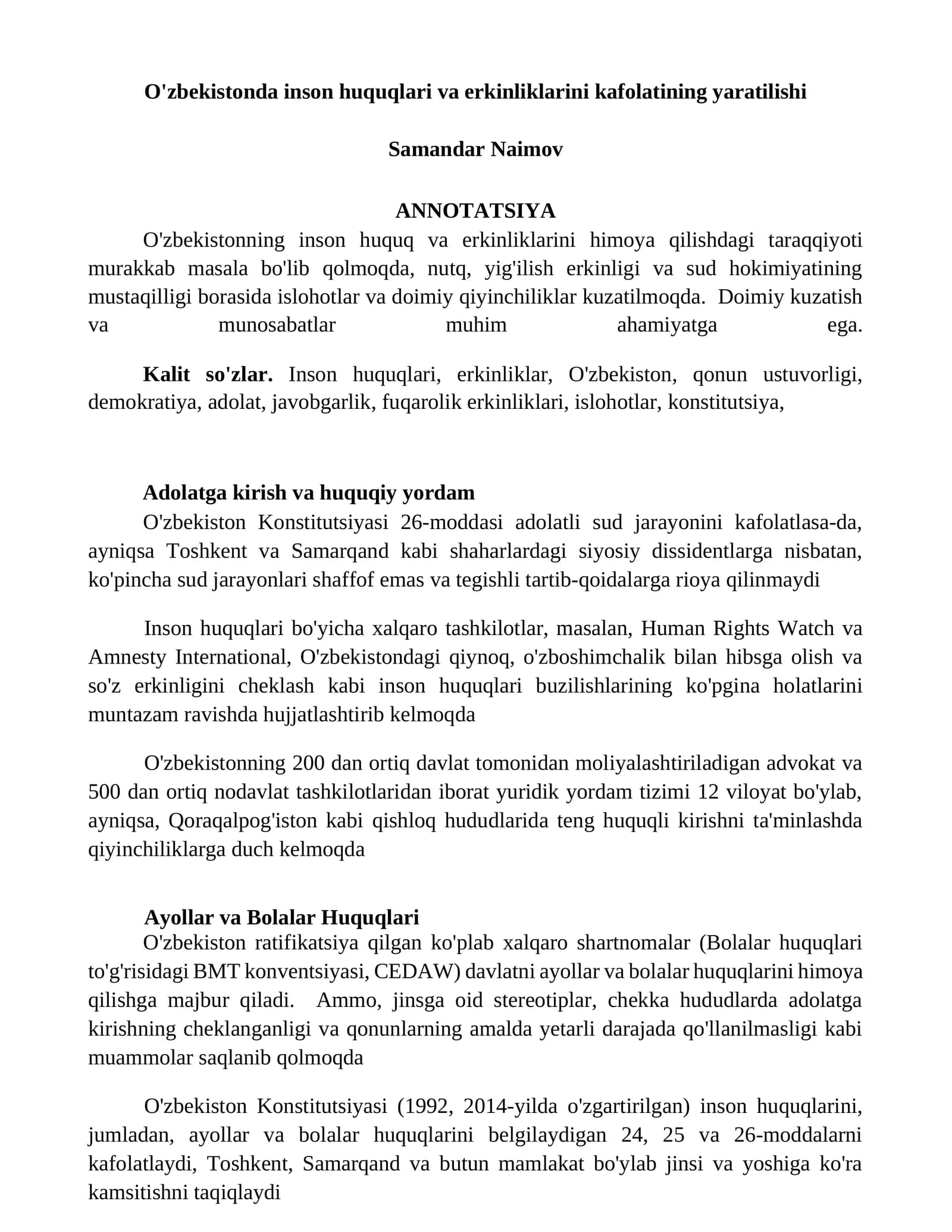 O'zbekistonda inson huquqlari va erkinliklarini kafolatining yaratilishi