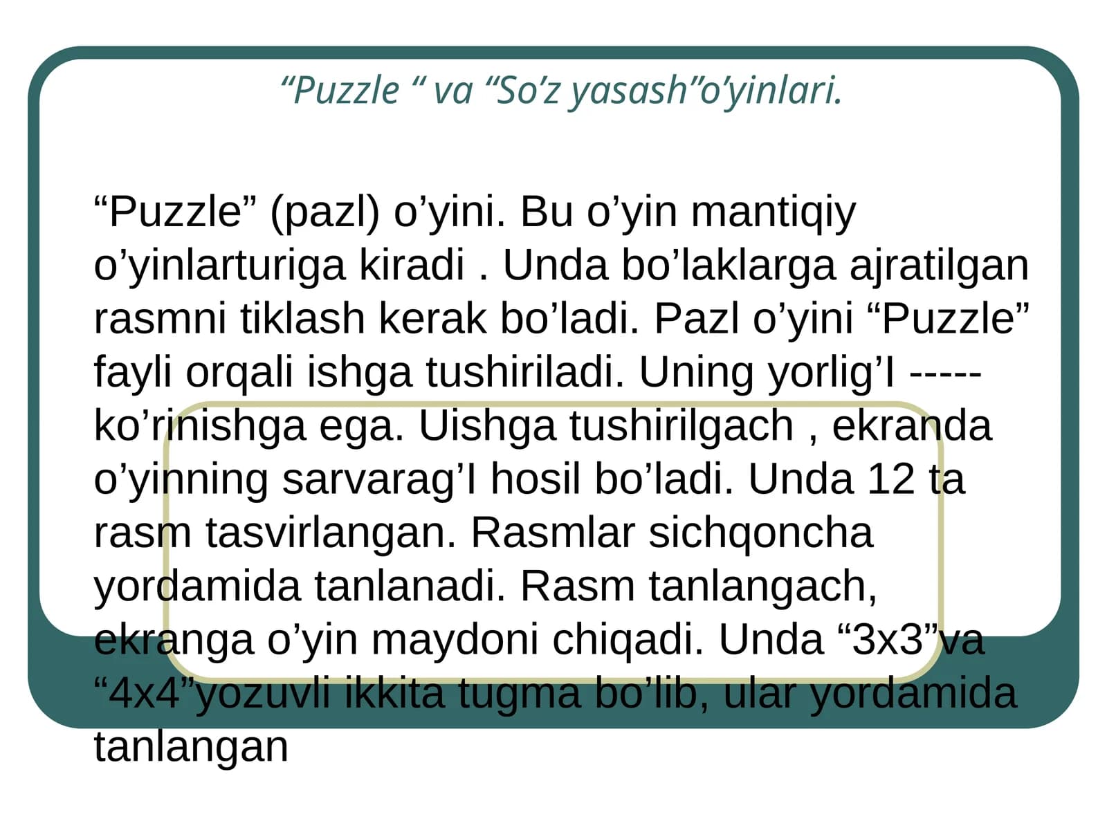"Puzzle" va "So’z yasash" o’yinlari