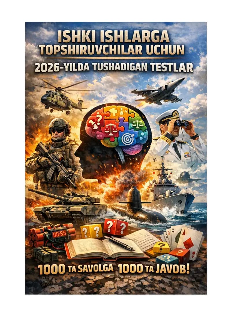 ISHKI ISHLARGA KIRUVCHILAR USHUN TESTLAR TOPLAMI 1000 TA SAVOLGA 1000 TA JAVOB