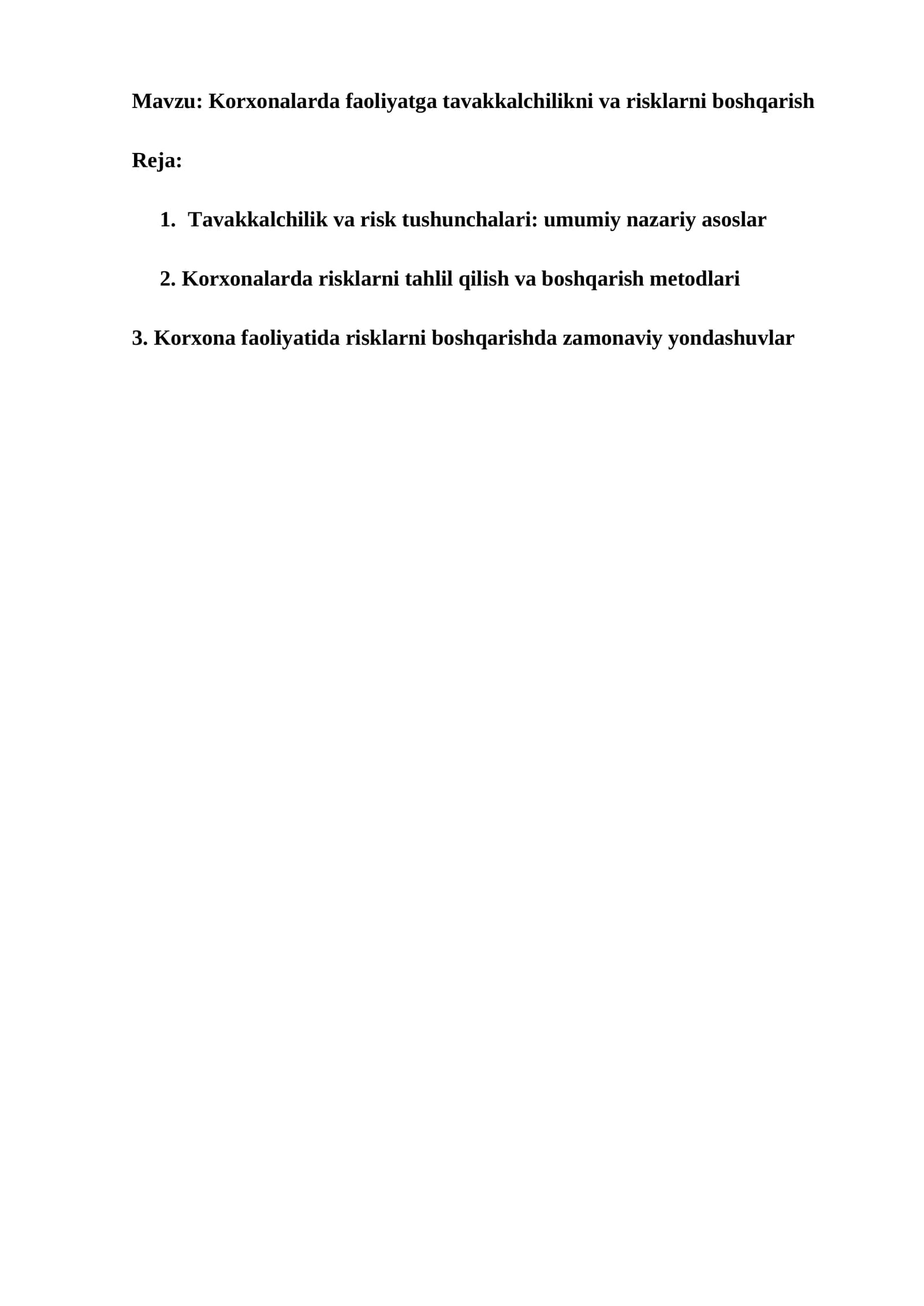 Korxonalarda faoliyatga tavakkalchilikni va risklarni boshqarish