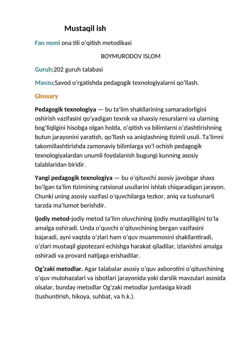 Fan nomi ona tili o’qitish metodikasi