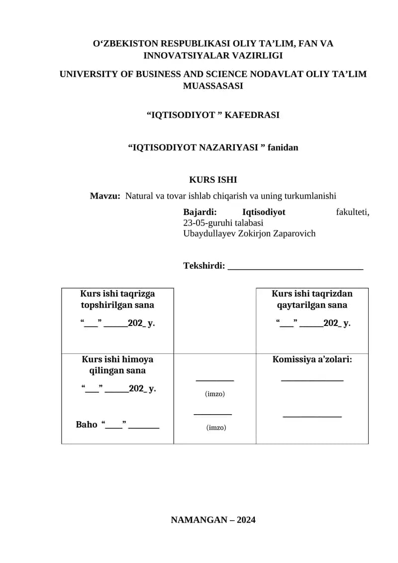 Natural va tovar ishlab chiqarish va uning turkumlanishi