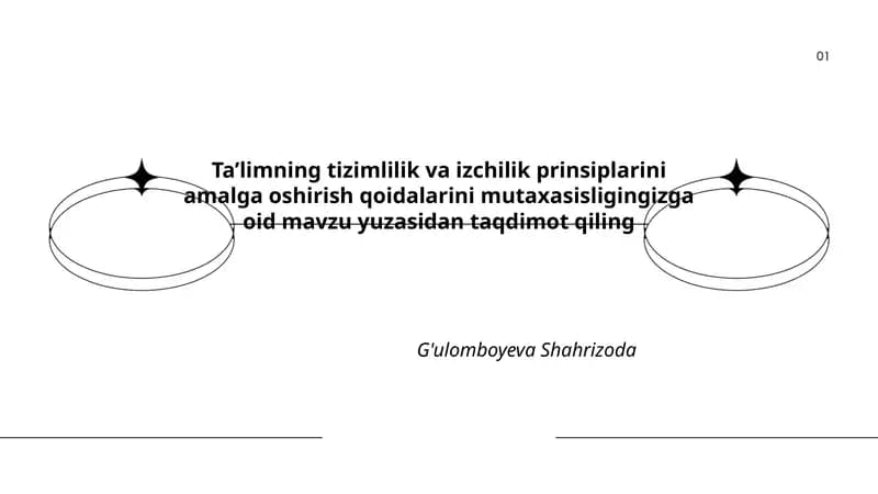 Ta’limning tizimlilik va izchilik prinsiplarini amalga oshirish qoidalarini mutaxasisligingizga oid mavzu yuzasidan taqdimot qiling